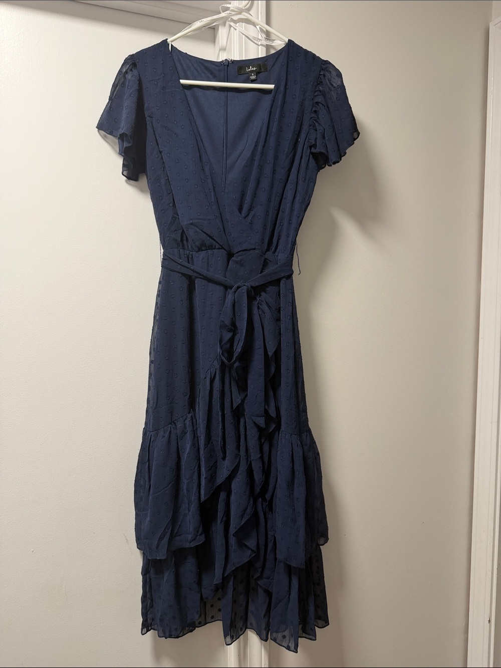 Lulu's Navy Textured Ruffle Wrap Midi Dress